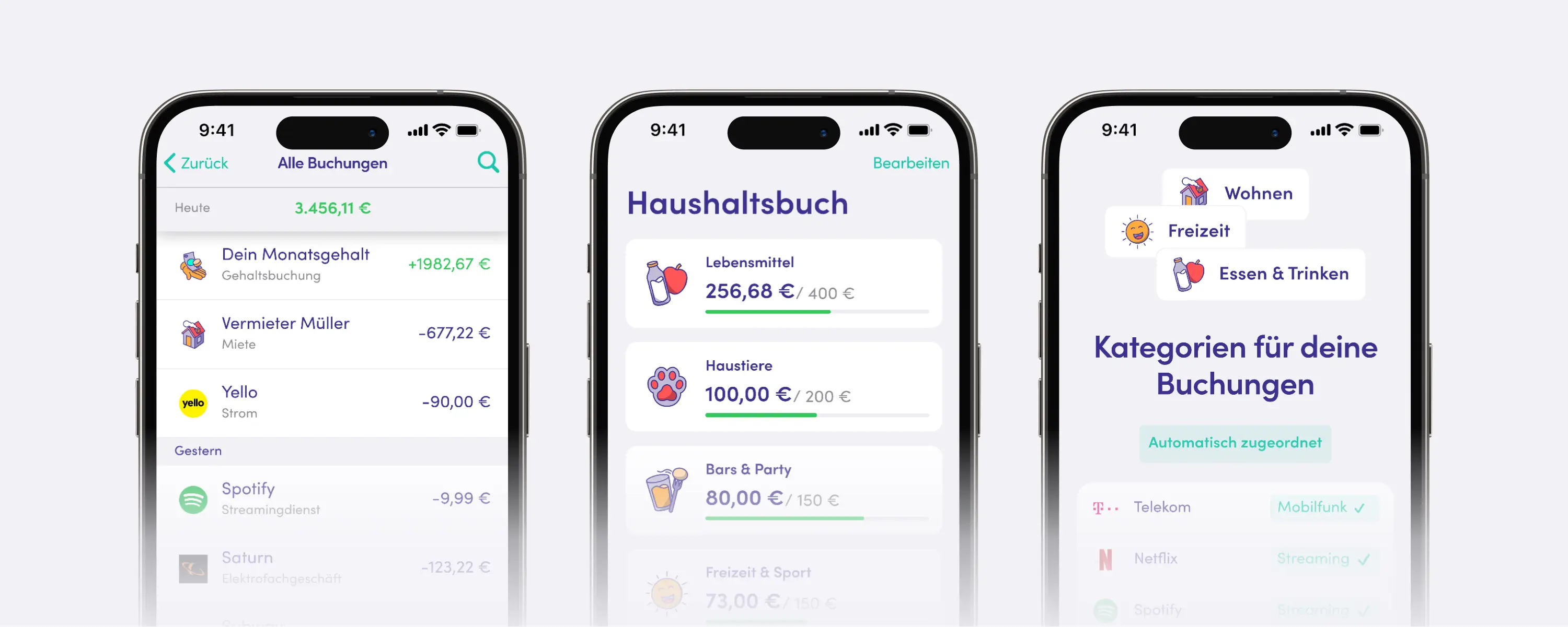 Eine dreiteilige Smartphone-Ansicht einer digitalen Haushaltsbuch App. Die linke Anzeige zeigt aktuelle Buchungen, darunter Gehalt, Miete und Stromkosten. Die mittlere Anzeige bietet eine Übersicht über verschiedene Ausgabenkategorien wie Lebensmittel, Haustiere und Freizeit. Die rechte Anzeige zeigt, wie Buchungen automatisch in Kategorien wie Wohnen, Freizeit und Essen & Trinken zugeordnet werden. Die App erleichtert die Verwaltung und Organisation persönlicher Finanzen.
