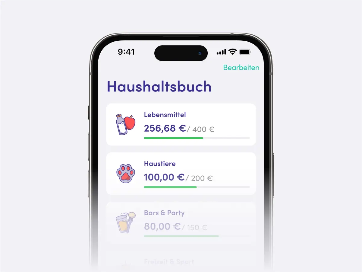 Eine Smartphone-Anzeige einer digitalen Haushaltsbuch App. Die App zeigt verschiedene Ausgabenkategorien wie Lebensmittel, Haustiere und Bars & Party, jeweils mit dem aktuellen Betrag und dem Budget. Die Benutzeroberfläche ist übersichtlich und erleichtert die Verwaltung und Nachverfolgung von Ausgaben.