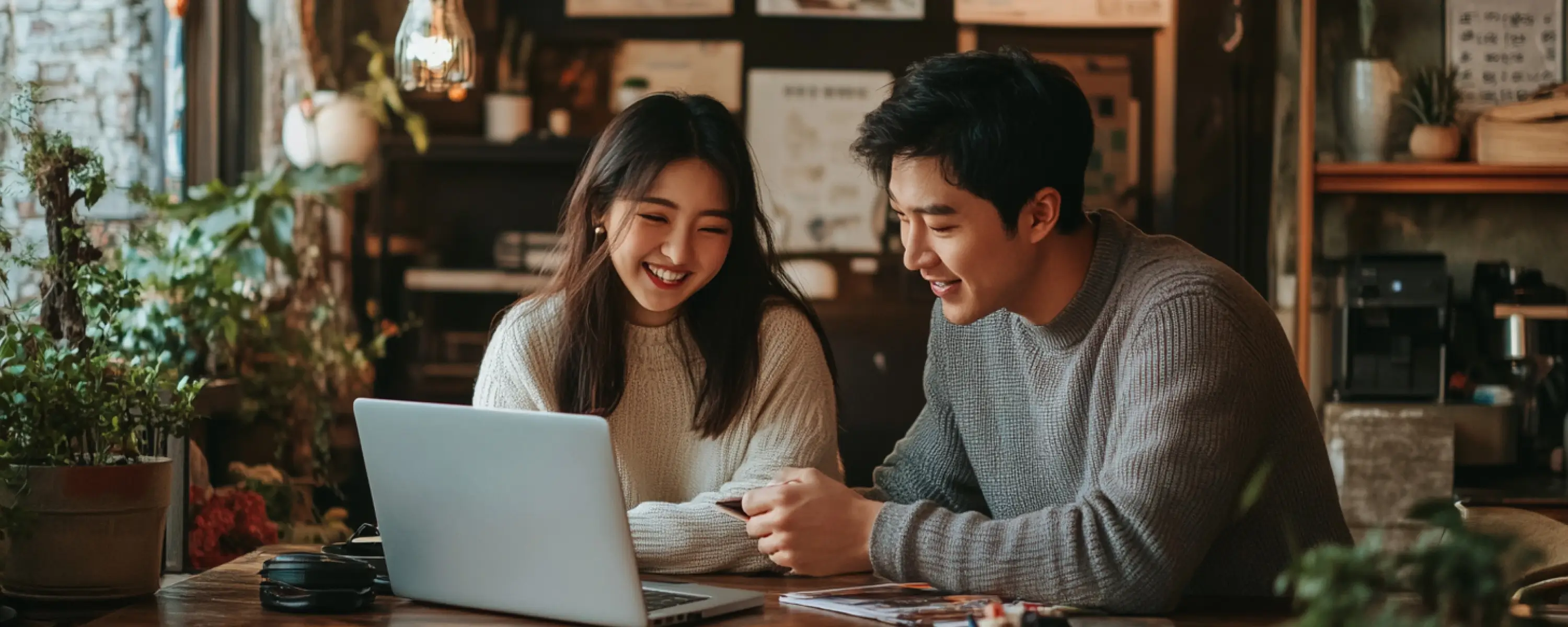 Lächelndes Paar sitzt zusammen am Laptop und nutzt eine Multibanking App zur Verwaltung ihrer gemeinsamen Finanzen in einem gemütlichen Café.