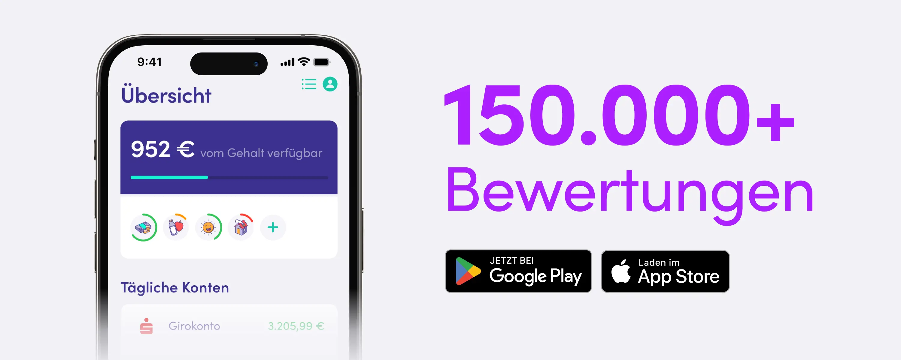 Smartphone zeigt Kontostand in einer Multibanking App mit 150.000+ Bewertungen und Verfügbarkeit im Google Play und App Store.