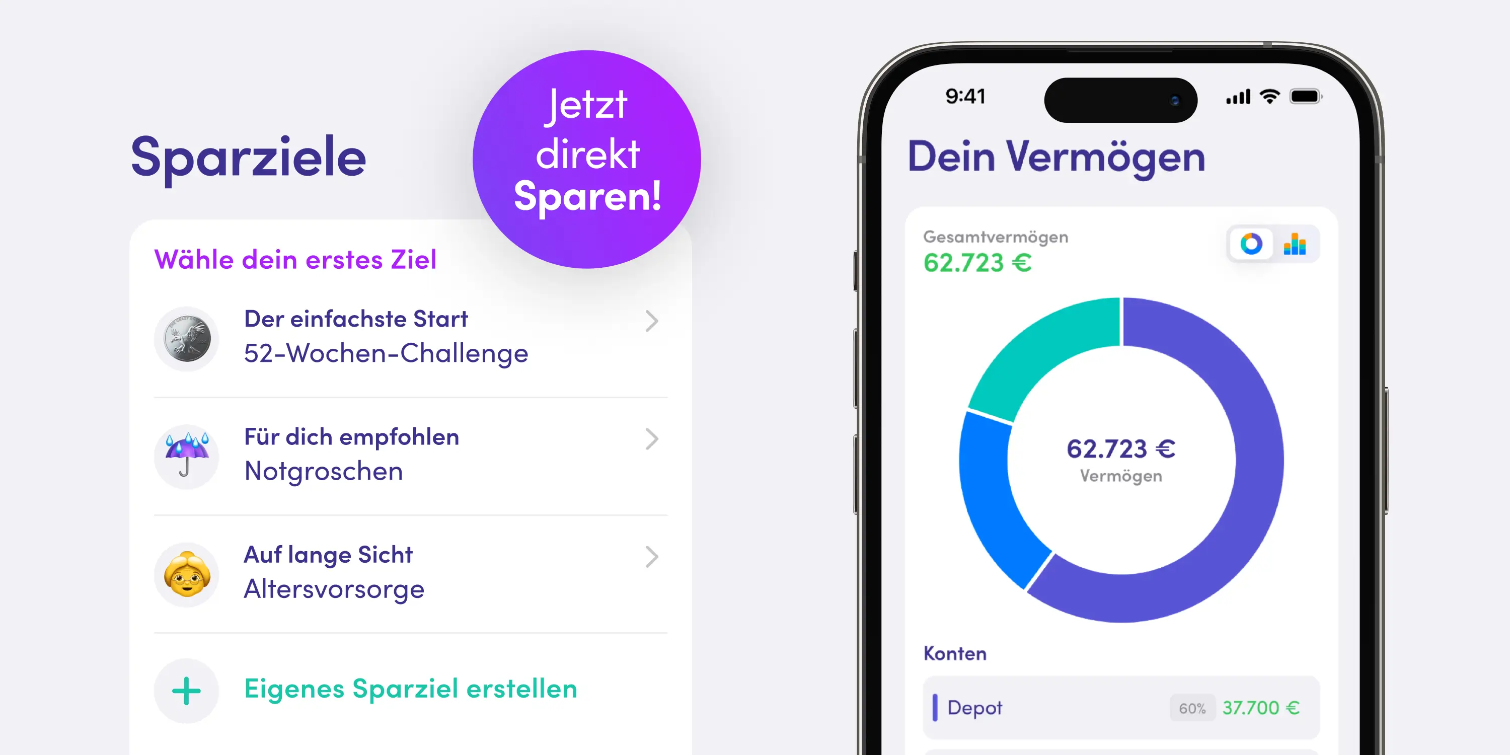 Screen der Finanzguru-App mit Sparzielen und Vermögenstab – zeigt Funktionen zum Festlegen von Sparzielen und zur Übersicht des Vermögens in einer benutzerfreundlichen Finanz-App.