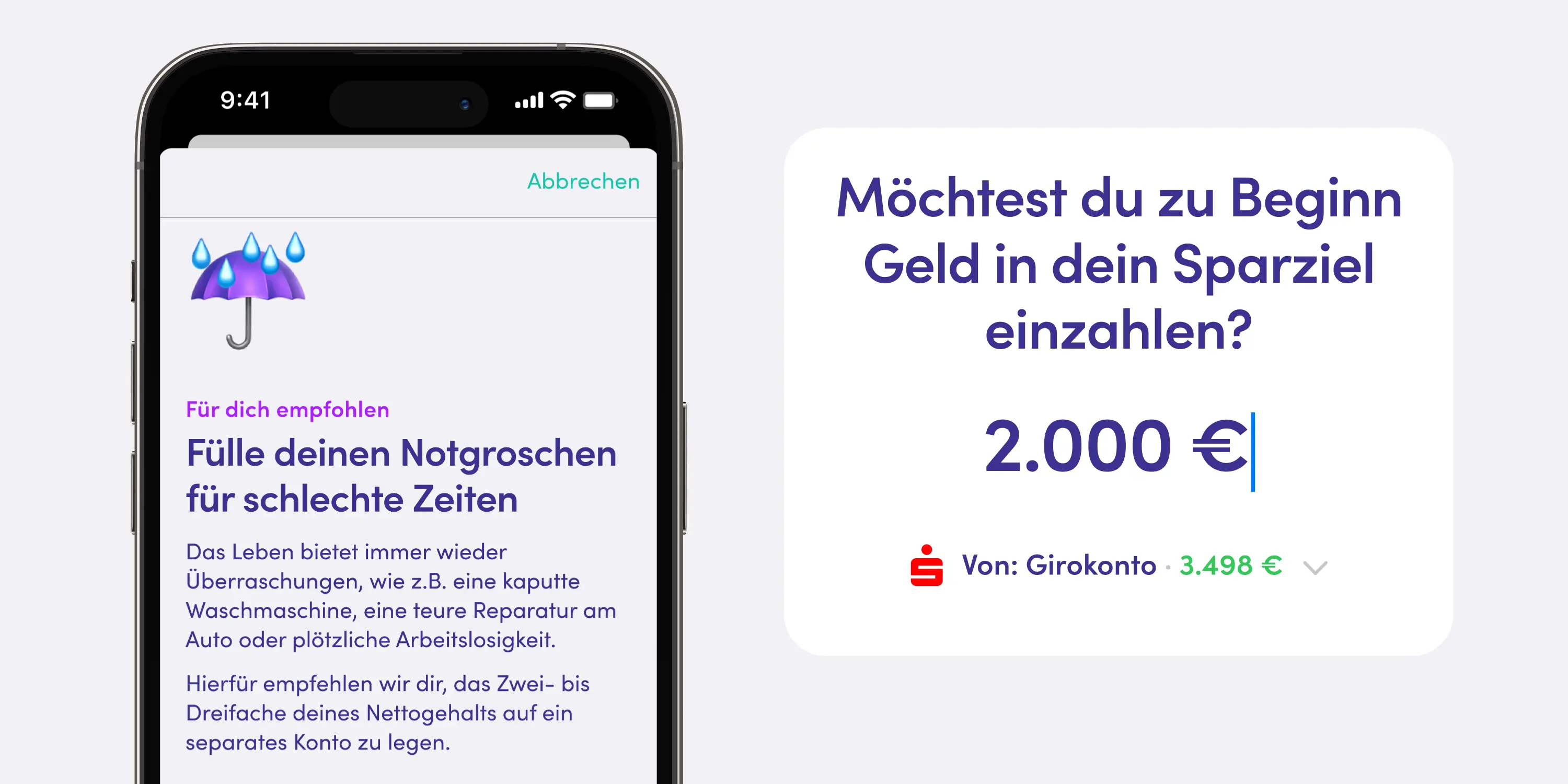 Finanzguru-App Screen zur Erstellung eines Notgroschens – zeigt die Option, Geld in ein Sparziel einzuzahlen, um Rücklagen für unerwartete Ausgaben zu bilden