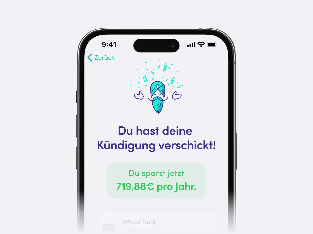 Smartphone-Anzeige einer App-Bestätigung, dass eine Vertragskündigung erfolgreich verschickt wurde. Der Bildschirm zeigt eine Nachricht, dass die Kündigung verschickt wurde und eine Einsparung von 719,88 Euro pro Jahr erreicht wird. Die App erleichtert die Verwaltung und Kündigung von Verträgen, um jährliche Kosten zu reduzieren.